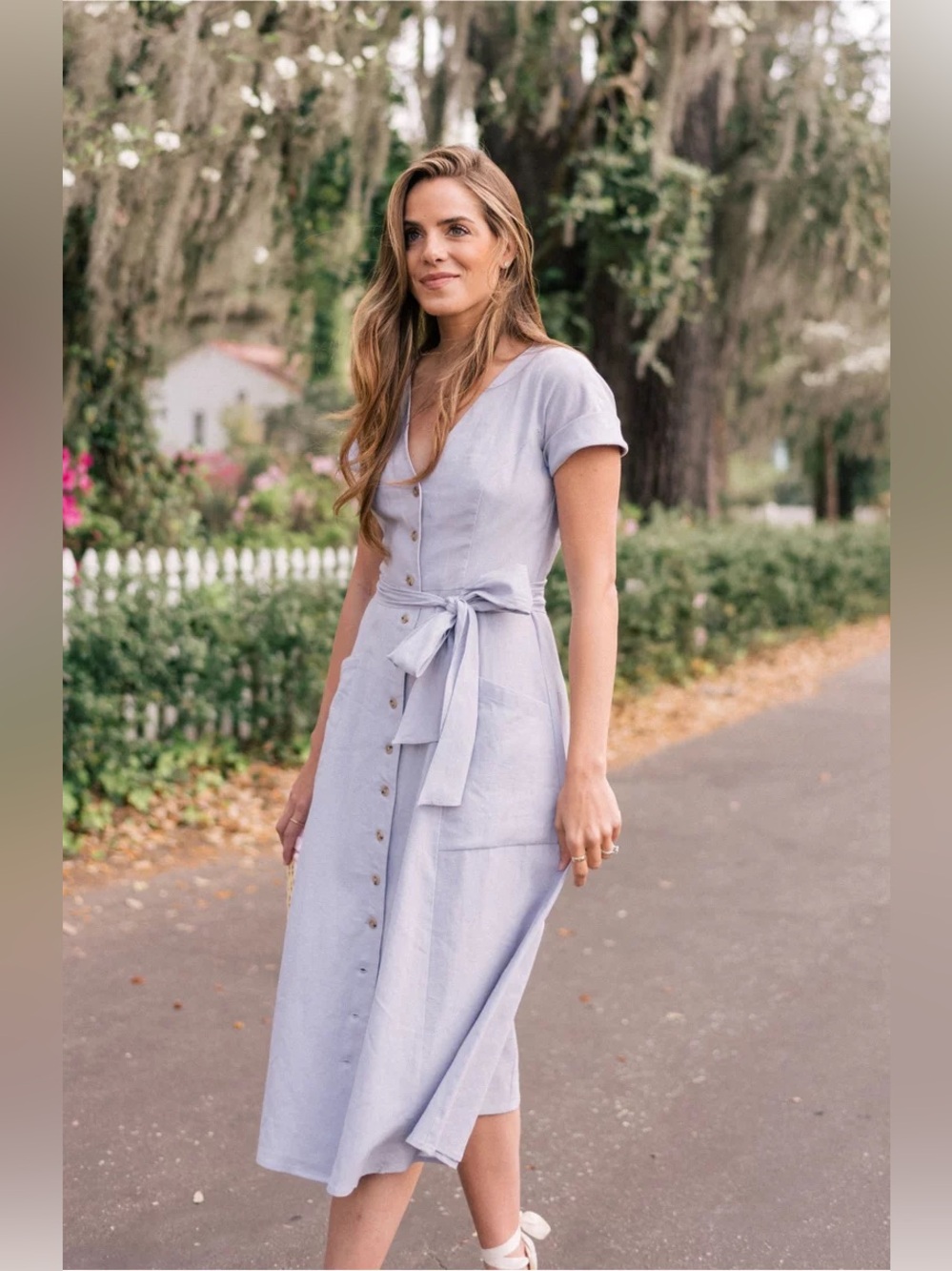 Gal Meets Glam Vanessa Button Front Linen Blend Midi Dress 4 Lavender Purple